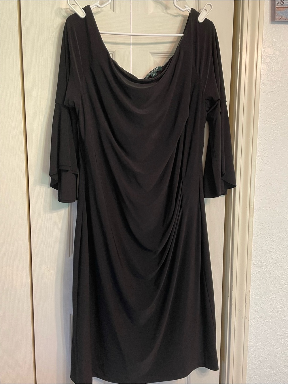 Ralph Lauren Black Midi Dress with Draped Front and Fluted Sleeves